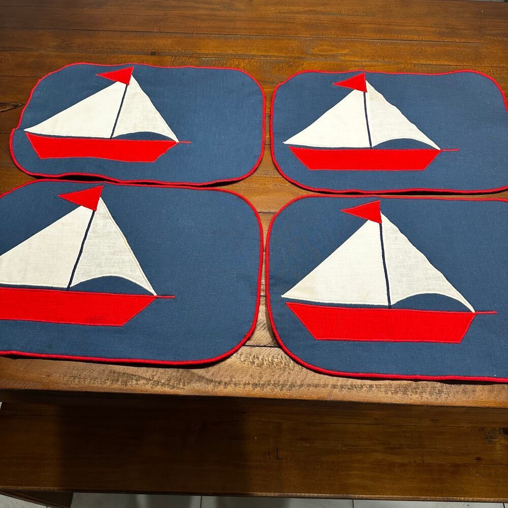 Vintage Sailboat Placemats Set of 4 Red White Blue Nautical Coastal Decor